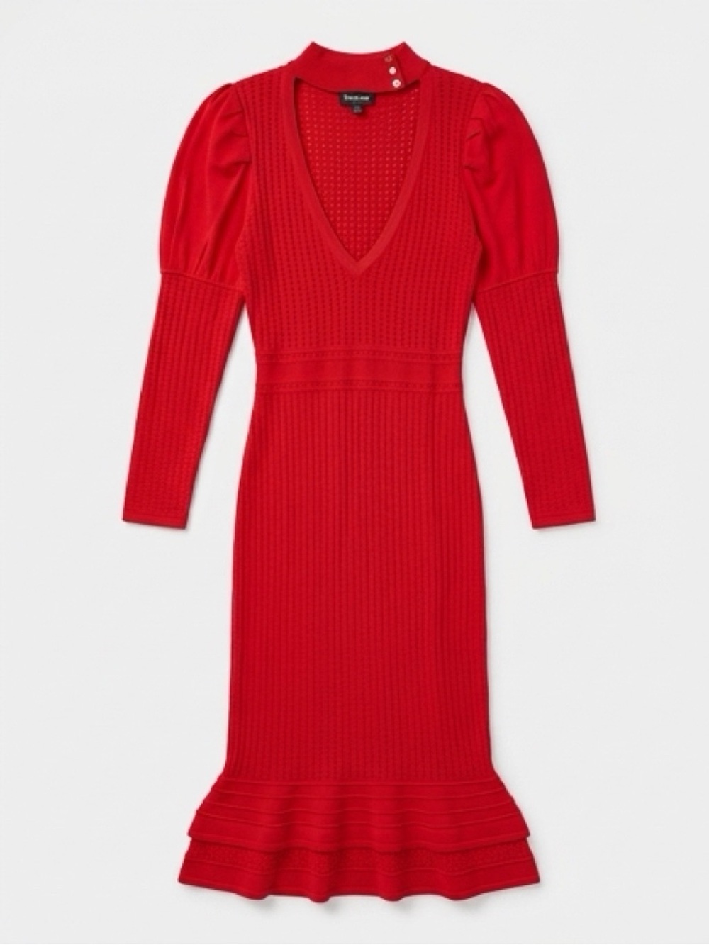 bebe Red Ribbed V-Neck Maxi Dress with Ruffle Hem